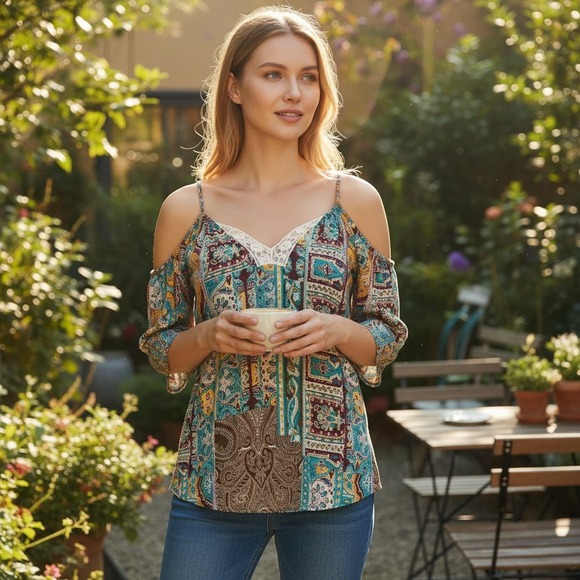 Rue21 Tops - Rue 21 Womens Cold Shoulder Lace Trim Boho Paisley Patchwork‎ Blouse Large Multi